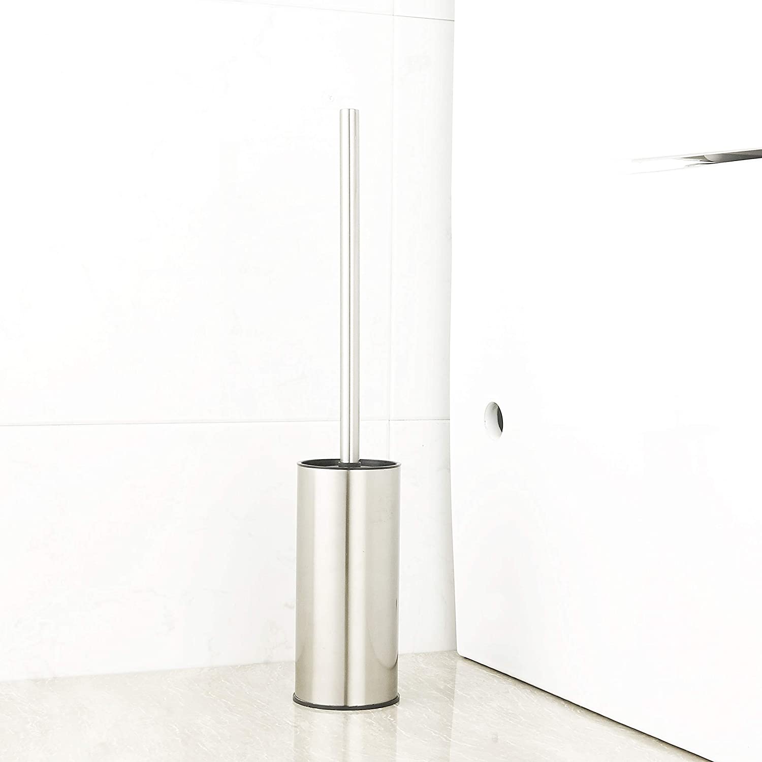 Toilet Brush Holder Brushed Nickel, Stainless Steel 304 Brushed Nickel Round Freestanding Toilet Bowl Brush and Holder for Bathroom